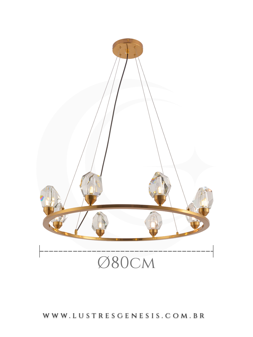 Luminária pendente redonda de cristal Sirius com 80cm de diâmetro, acabamento dourado, ideal para sala de jantar e estar.